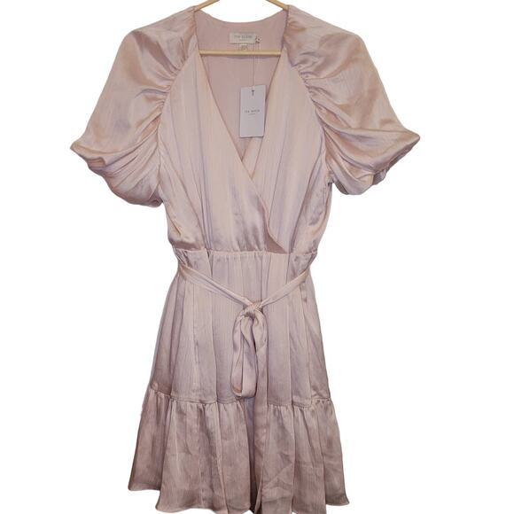 New Ted Baker Loueese pink puff sleeve satin faux wrap dress size 12